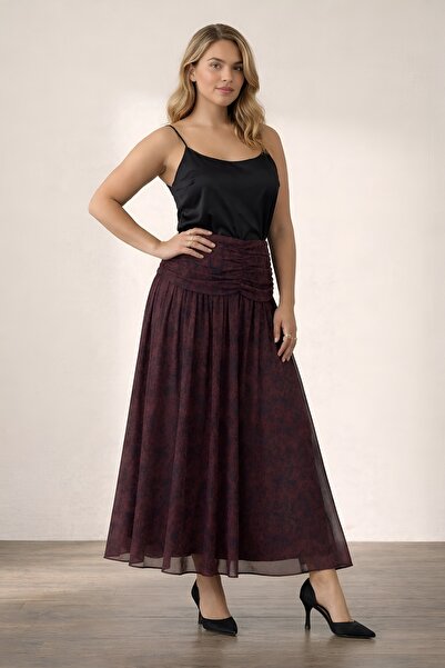 BLOUSE Zarif Drape Bel Detaylı Bordo Etek