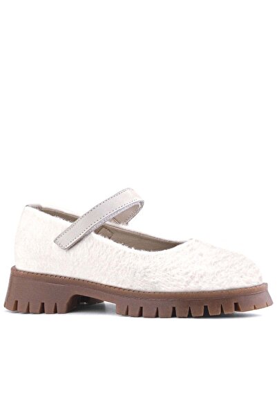 Rakerplus Cream Velcro Thick Soled Girls' Plush Ballerina Shoes