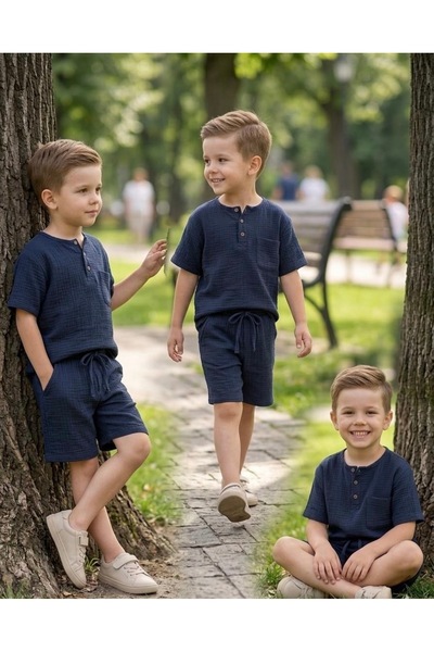 RÜYA KİDS Boy's Summer Muslin Fabric 2-Piece Top and Bottom Set