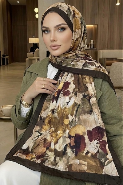 İmajButik شال كراش منقوش باللون الكاكي/المينك من إيشيبان