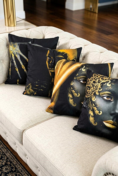 Çt Çeyizci Tekstil Girl patterned black gold colors digital printed 4-piece c...