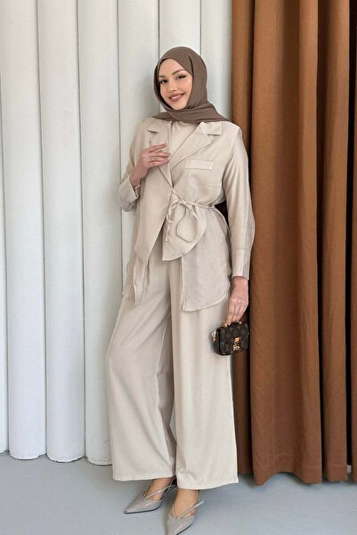Modaensarbutik Oversize Şifon & Tül Detaylı Ceket Pantolon Tesettür Takım-TAŞ