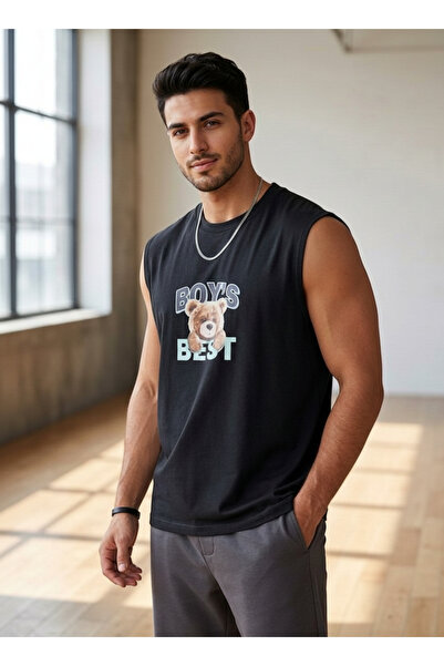 NO 601 Men's Black Boys Printed Oversize Sleeveless T-Shirt Crew Neck Fitness...
