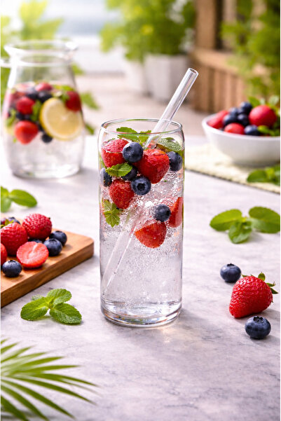 UCR HOME Pipetli Isıya Dayanıklı Cam Bardak Limonata Meyve Suyu Meşrubat Bard...