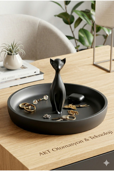 AKT Kedi Figürlü Takı Düzenleyici Organizer Tepsi (16 cm) - Dekoratif Anahtar...