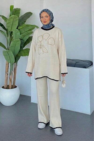 NLT Women's Stone Embellished Floral Embroidered Knitwear Set Oversize Tunic ...