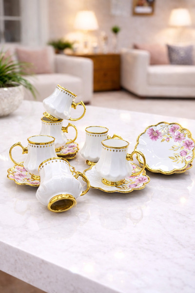 CHANCE GİFT Luxury Coffee Cup Set for 6 People with Footed Gold Gilt Floral P...