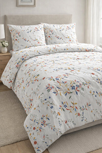 LaLiva Nazlı Çiçekler Double Bed - Elastic Sheets - Cotton Duvet Cover Set