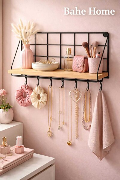 bahe home Askılı Mutfak Rafı Ahşap Standlı Kancalı Baharatlık Organizer Duvar...