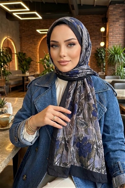 İmajButik شال كراش منقوش باللون الأزرق الداكن من إيشيبهان