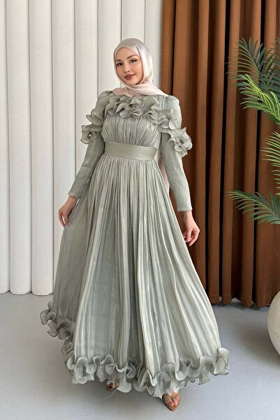 Modaensarbutik Premium Seri Çiçek İşlemeli Tesettür Abiye-MİNT YEŞİLİ