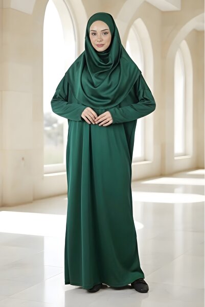 İmajButik Green Easy-To-Wear One-Piece Prayer Dress with Headscarf