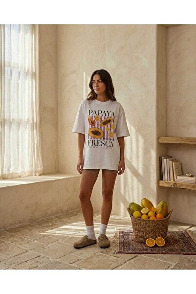 Papaya Fresca Baskılı Beyaz Oversize Tişört - Akdeniz Serisi