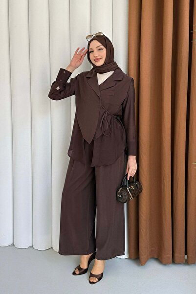 Modaensarbutik Oversize Şifon & Tül Detaylı Ceket Pantolon Tesettür Takım-KAH...