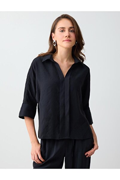 Jimmy Key Μαύρη υφαντή μπλούζα με γιακά πουκάμισου και μανίκια τριών τετάρτων