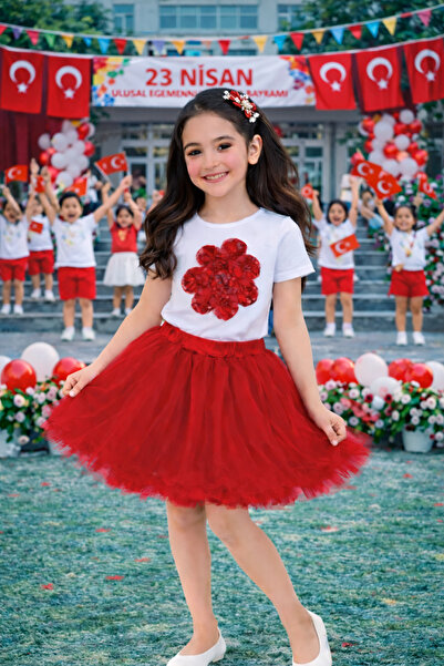 HER ŞEY NOTA www.herseynota.com Κοριτσίστικο Κόκκινο Σετ Φούστας Τούτου και Λ...