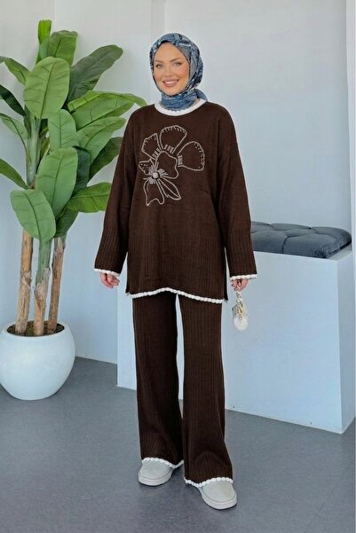 NLT Women's Stone Embellished Floral Embroidered Knitwear Set Oversize Tunic ...