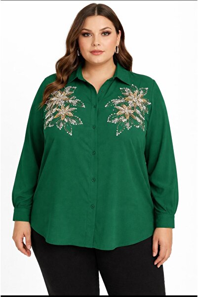ANATOLIATEKSTILE Elegant Plus Size Women's Shirt with Shiny Embroidered Appli...