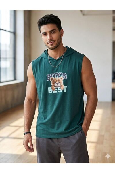 NO 601 Men's Green Boys Printed Oversize Hooded Sleeveless T-Shirt Crew Neck ...