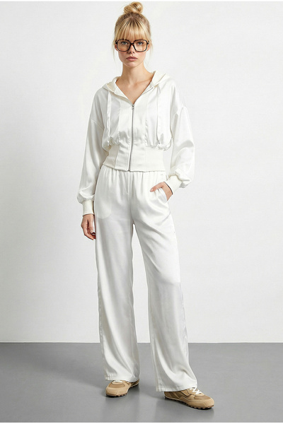 Bianco Lucci Women's Satin Detailed Hooded Waist Belted Top and Bottom Set 40...