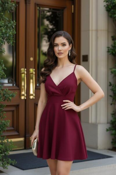 Mossta Double-Breasted Collar Flared Imported Crepe Dress - Burgundy