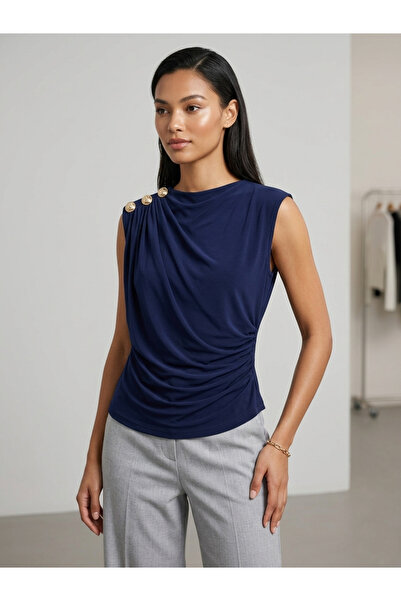 peralist Women's Navy Blue Boat Neck Buttoned Sleeveless Sandy Fabric Blouse ...