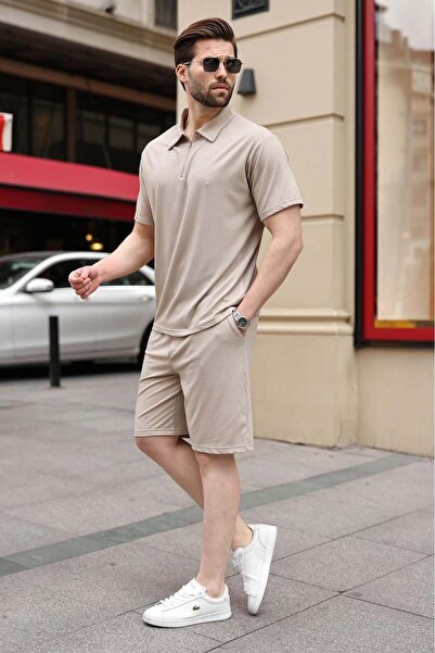 Madmext Set de pantaloni scurți și tricou bej cu guler polo E7363