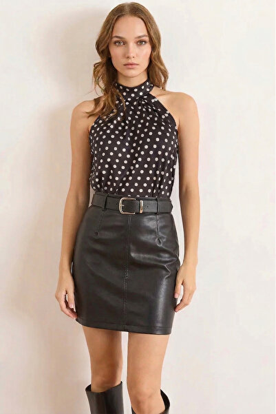 peralist Women's Black Polka Dot Halter Neck Zero Sleeve Regular Premium Crep...