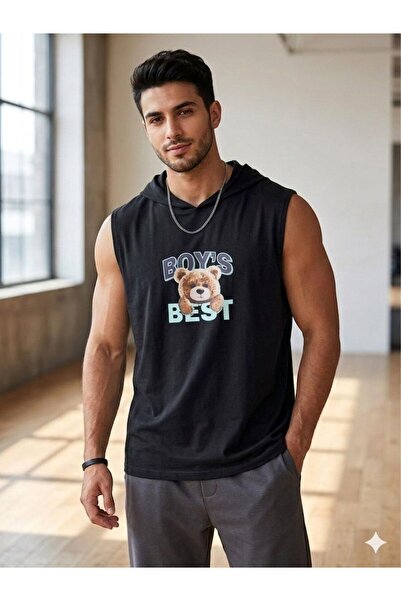 NO 601 Men's Black Boys Printed Oversize Hooded Sleeveless T-Shirt Crew Neck ...