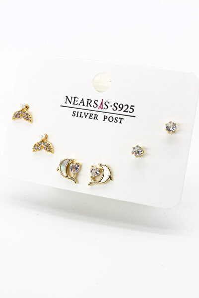 Nearsis Set of Six Dolphin Fish Tail Earrings with Zircon Stones