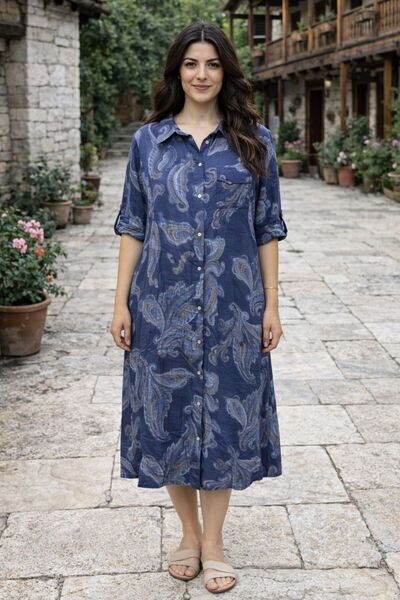 AGORATEKSTİL Γυναικείο αυθεντικό ιταλικό φόρεμα πουκάμισο με μοτίβο σάλι και ...