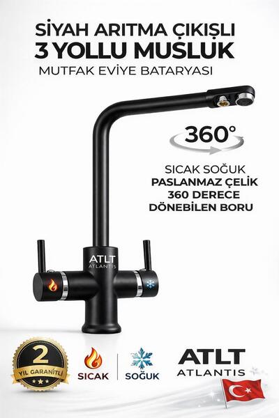 ATLT ATLANTİS ARITMA ÇIKIŞLI 3 YOLLU MUSLUK MUTFAK EVİYE BATARYASI PASLANMAZ ...