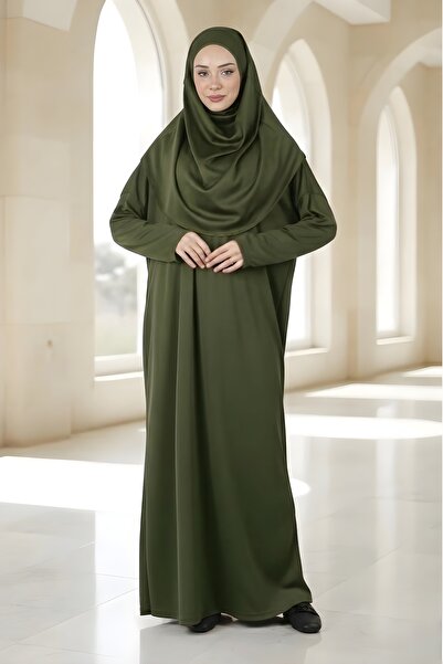 İmajButik Khaki Easy-To-Wear One-Piece Prayer Dress with Headscarf
