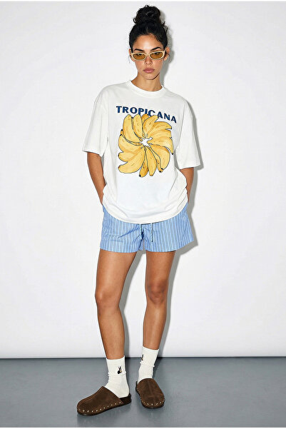 Bianco Lucci تي شيرت نسائي 100% قطن برقبة دائرية وطبعة موز تروبيكانا مقاس كبي...