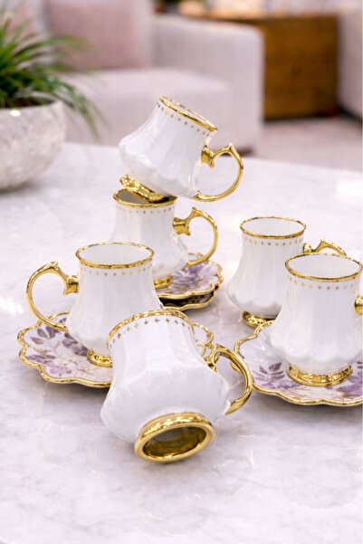 CHANCE GİFT Luxury Coffee Cup Set for 6 People with Footed Gold Gilt Floral P...