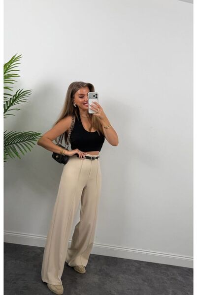 EGELİMODA Cream High Waist Ribbed Classic Thin Belted Women's Fabric Palazo P...