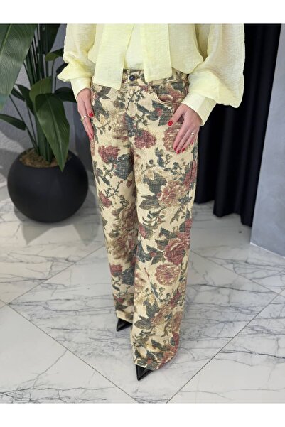 bymervedarende Çiçek Desenli Yüksek Bel Wide Leg Jean