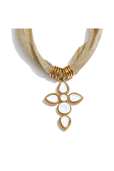 Eva Grace Sara necklace, gold, with a cross-shaped pendant with white stones,...