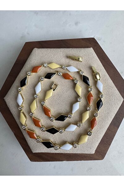 My Joyas Design 14K Altın Kaplama Toprak Tonları Mineli Kolye 42cm
