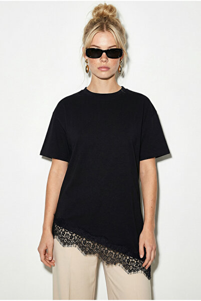 Bianco Lucci Kadın Dantel Detaylı Asimetrik Kesim Kısa Kollu T-Shirt 1078 602...