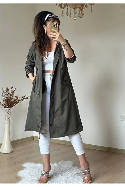 AZRA BUTİK Patched Trench Coat Khaki Plus Size