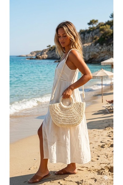 podyumgiyim حقيبة كتف وحقيبة يد نسائية من القش المحبوك يدويًا بلون إكرو - حقي...