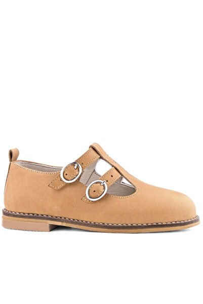 Rakerplus حذاء باليه للفتيات من الجلد الطبيعي بإبزيم تان وحزام على شكل حرف T