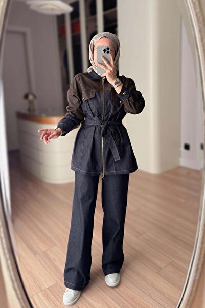 Ka Hijab Belted Contrast Denim Suit - Brown