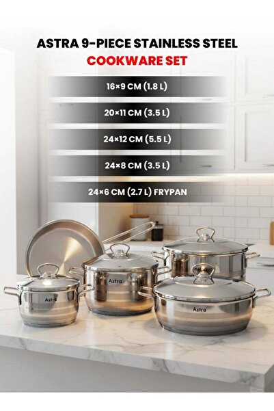 Astra 9‑Piece Premium Stainless Steel Cookware Set