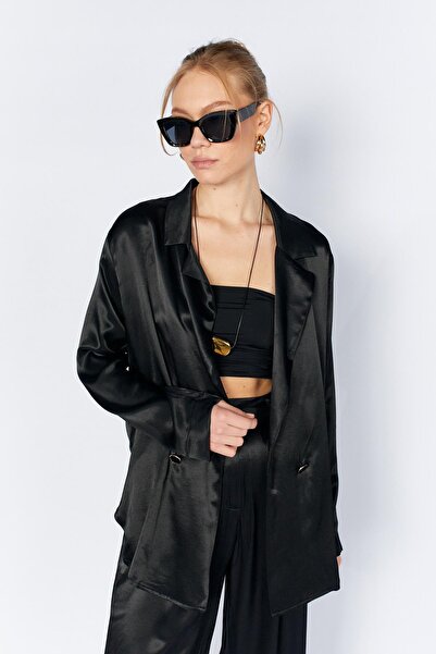 TENA Women's Black Gold Single Button Satin Jacket