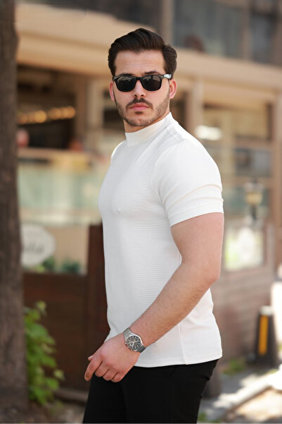 viyamen Ανδρικό κοντομάνικο μπλουζάκι με μισό ζιβάγκο, βασική στενή εφαρμογή