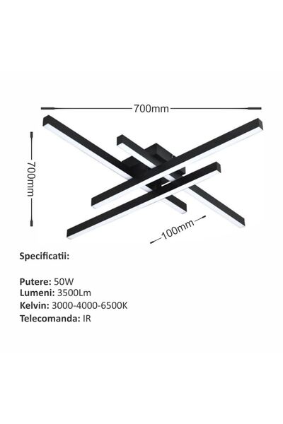 Luxera Lighting LUSTRA LED AXIS NEGRU 4 BRATE 50W 3530 LM 700*700*100MM