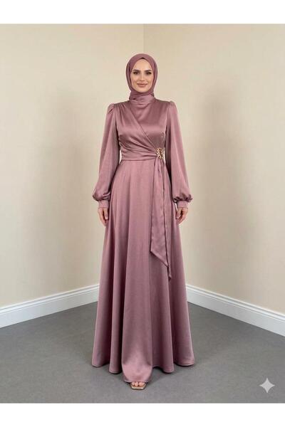 STİLZARAFET Rose Brooch Detailed Satin Evening Dress