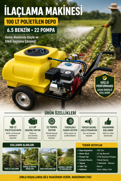 GEDİK TARIM İlaçlama Makinesi 100 Lt Polietilen Depo 6.5-7.5 Hp Benzinli 22 P...